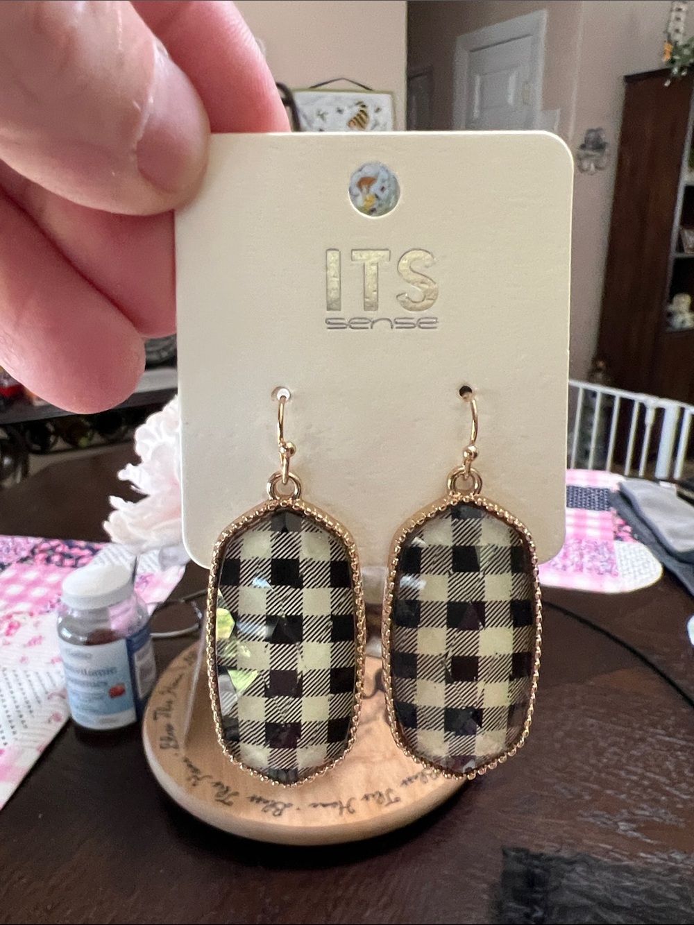 Gold-Trimmed Black & White Plaid Drop Earrings